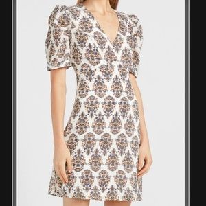 EXPRESS NWT Paisley Puff Sleeve Fit & Flare Dress White Gold Blue XS
